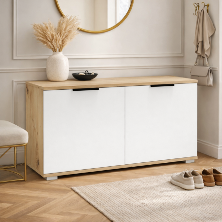 Pantofare - Dulap pentru depozitare pantofi HM Clif ST100, Pal melaminat, 2 compartimente, stejar artizanal/alb