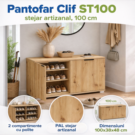 Pantofare - Dulap pentru depozitare pantofi HM Clif ST100, Pal melaminat, 2 compartimente, stejar artizanal