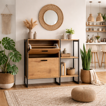 Mobila hol - Dulap pentru depozitare pantofi Marilyn, 2 usi, rafturi, cadru metalic, MDF, stejar