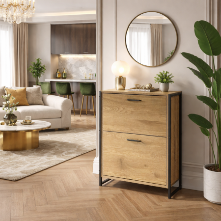 Mobila hol - Dulap pentru depozitare pantofi Pia, 2 usi, cadru metalic, MDF, stejar