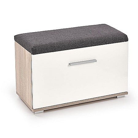 Mobila hol - Dulap pentru pantofi cu taburete HM Lima ST2, Pal melaminat, stofa, capacitate 6 perechi, alb/stejar sonoma