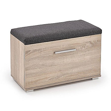 Mobila hol - Dulap pentru pantofi tip bancheta HM Lima ST2, Pal melaminat, stofa, capacitate 6 perechi, stejar sonoma