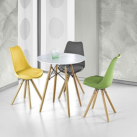Mobilier bucatarie - Masa bucatarie si living HM Prometheus, blat MDF lacuit, rotunda, picioare lemn, 80x75 cm, alb