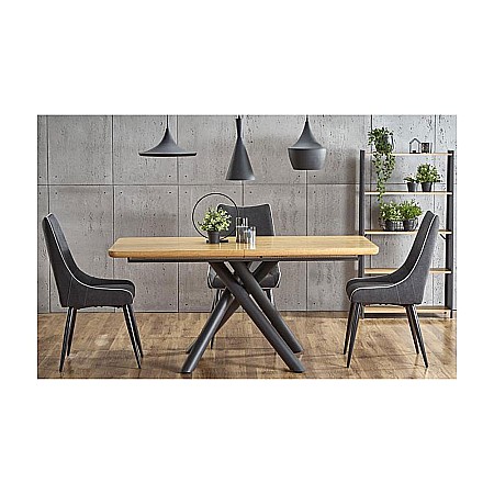 Mese - Masa extensibila living HM Derrick, MDF furniruit, cadru metalic, 160-200x90x75 cm, 8 persoane, stejar/negru