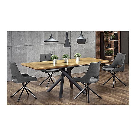 Masa extensibila living HM Derrick, MDF furniruit, cadru metalic, 160-200x90x75 cm, 8 persoane, stejar/negru [1]