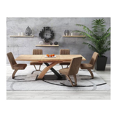 Mobila living - Masa extensibila living HM Sandor 3, blat MDF, cadru metal vopsit, 160-220x90x77 cm, 10 persoane, stejar auriu/negru