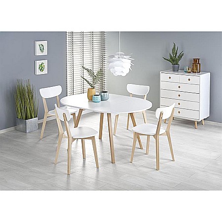 Masa extensibila living si bucatarie HM Ruben, lemn masiv, blat MDF, ovala, 6 persoane, 102-142x102x73 cm, alba [1]
