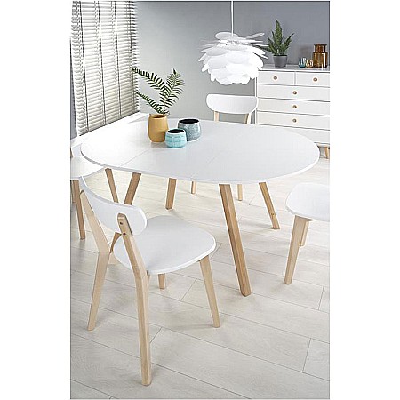 Masa extensibila living si bucatarie HM Ruben, lemn masiv, blat MDF, ovala, 6 persoane, 102-142x102x73 cm, alba [2]
