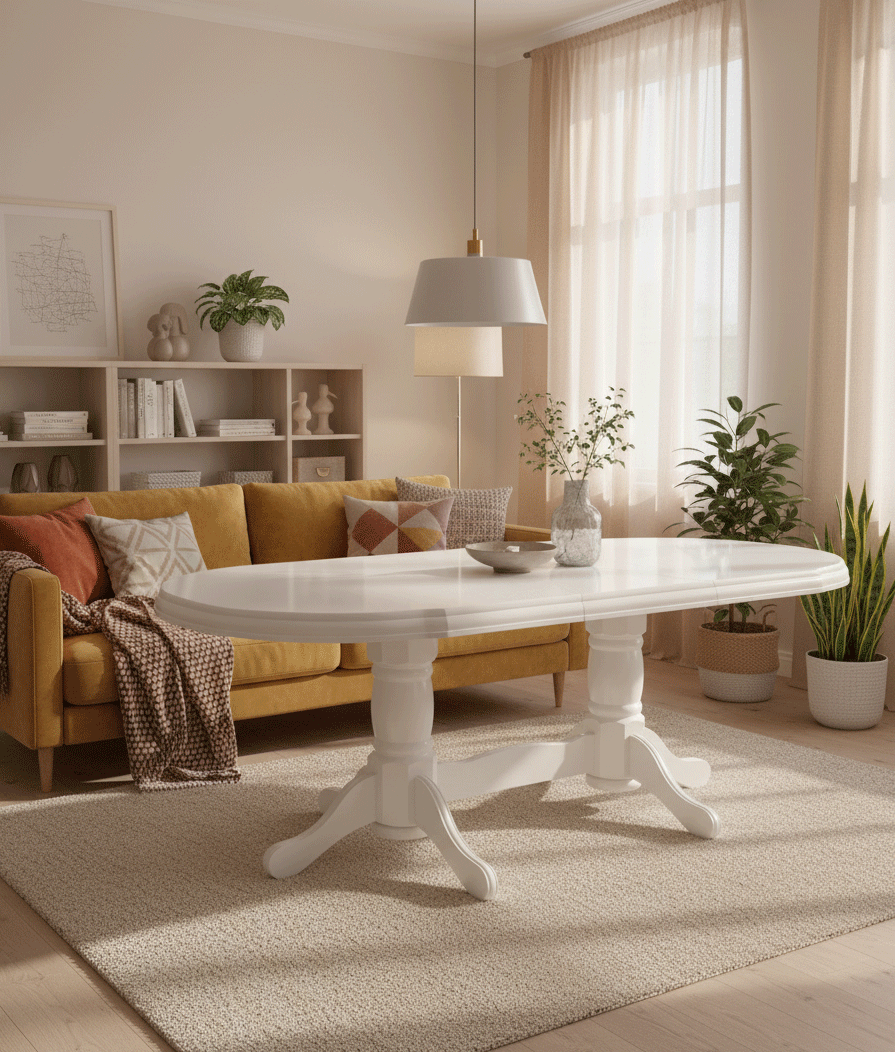 Produse - Masa living extensibila SB Nork, MDF Furniruit, structura lemn masiv, 8 persoane, 198-160x90x74 cm, alb