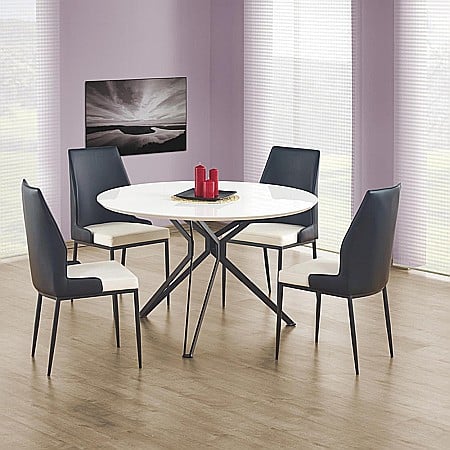 Mese stil scandinav - Masa living HM Pixel, MDF lacuit, cadru metalic, 120-160x120x76 cm, 6 persoane, alb/negru