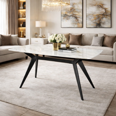 Mese - Masa living si bucatarie Elegant FDT4, blat ceramica, cadru metalic, 6 persoane, 140x80x75 cm, alb/maro