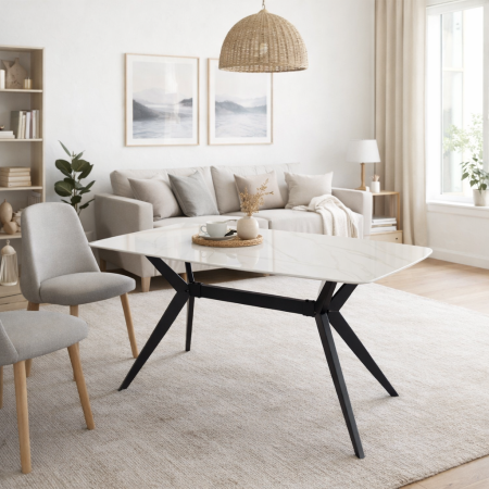 Produse in stoc - Masa living si bucatarie Elegant FDT4, blat ceramica, cadru metalic, 6 persoane, 140x80x75 cm, alb/gri