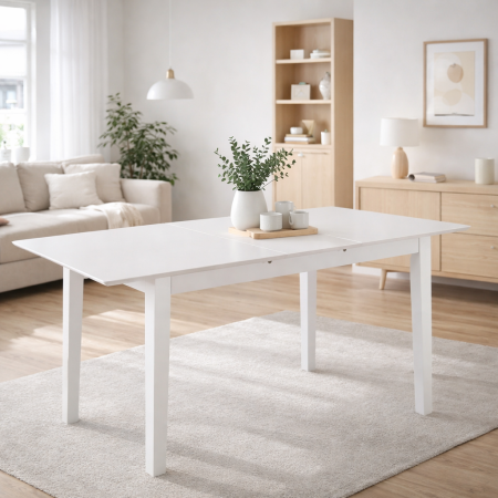 Mese living - Masa living si bucatarie extensibila Miami, MDF, structura lemn masiv, 6 persoane, 120/150 x 80 x 73.8 cm, alb