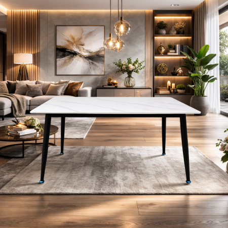 Produse in stoc - Masa living si bucatarie Lineo FDT1, blat ceramica, cadru metalic, 6 persoane, 140x80x75 cm, alb/gri