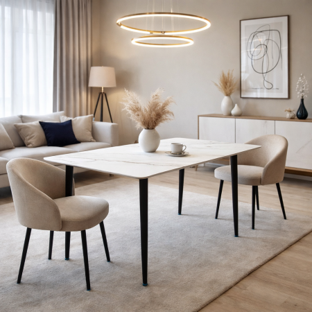 Produse in stoc - Masa living si bucatarie Lineo FDT1, blat ceramica, cadru metalic, 6 persoane, 140x80x75 cm, alb/maro