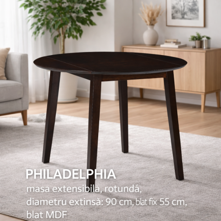 Mese living - Masa living si bucatarie plianta Philadelphia, MDF, structura lemn masiv, rotunda, 4 persoane, 55/90 x 90 x 74,8 cm, nuc