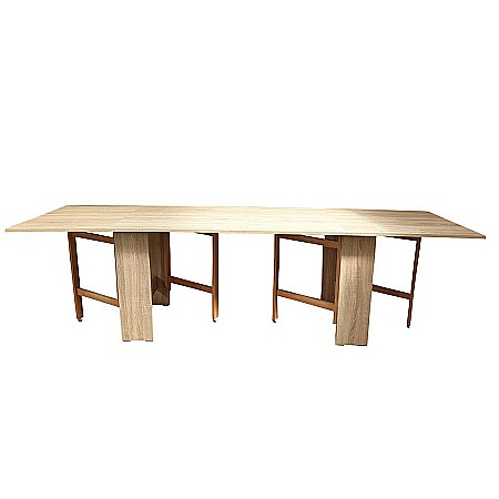 Masa plianta 12 persoane, Pal Melaminat, insertii lemn masiv, sistem cuplare blat, 274x75x78 cm, stejar sonoma [2]