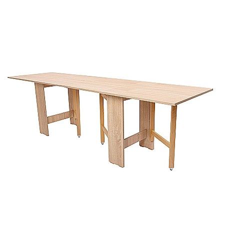 Masa plianta 12 persoane, Pal Melaminat, insertii lemn masiv, sistem cuplare blat, 274x75x78 cm, stejar sonoma [1]