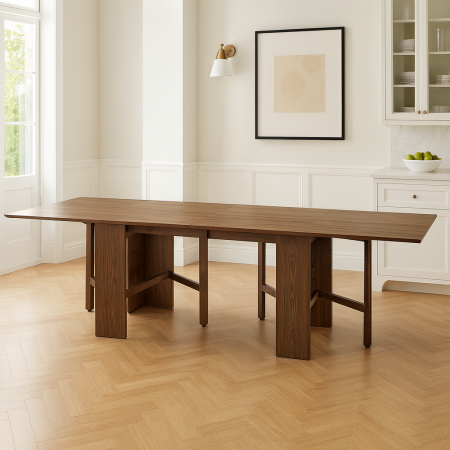 Mese pliante - Masa plianta 12 persoane, Pal Melaminat, insertii lemn masiv, sistem cuplare blat, 274x75x78 cm, nuc