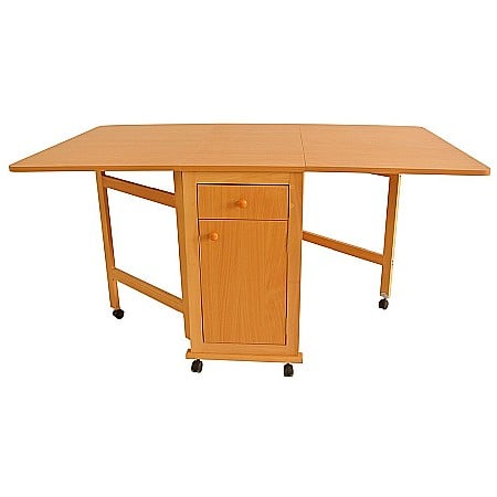 Masa plianta cu spatiu depozitare, usa si sertar, Pal Melaminat, structura lemn masiv, cu role, 8 persoane, 160x96x80 cm, fag [1]