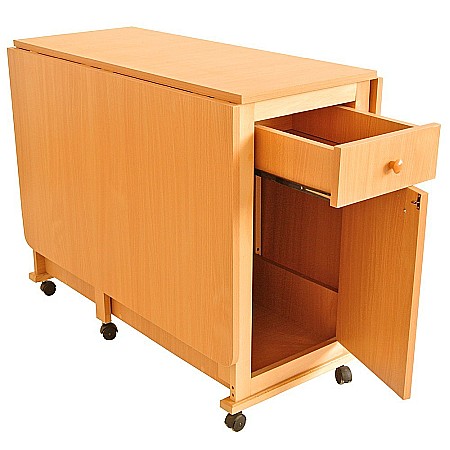 Masa plianta cu spatiu depozitare, usa si sertar, Pal Melaminat, structura lemn masiv, cu role, 8 persoane, 160x96x80 cm, cires [1]