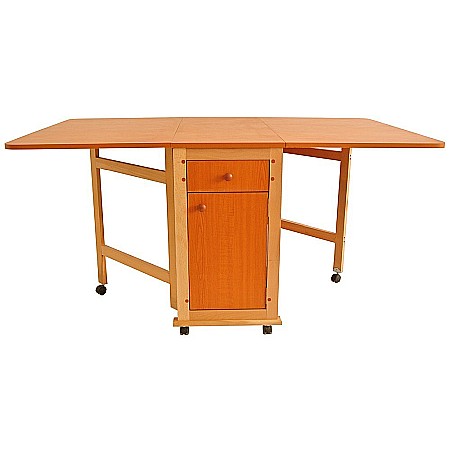 Masa plianta cu spatiu depozitare, usa si sertar, Pal Melaminat, structura lemn masiv, cu role, 8 persoane, 160x96x80 cm, nuc