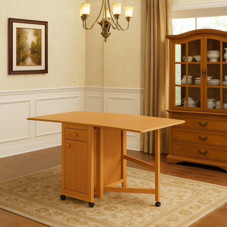 Produse - Masa plianta cu spatiu depozitare, usa si sertar, Pal Melaminat, structura lemn masiv, cu role, 8 persoane, 160x96x80 cm, fag