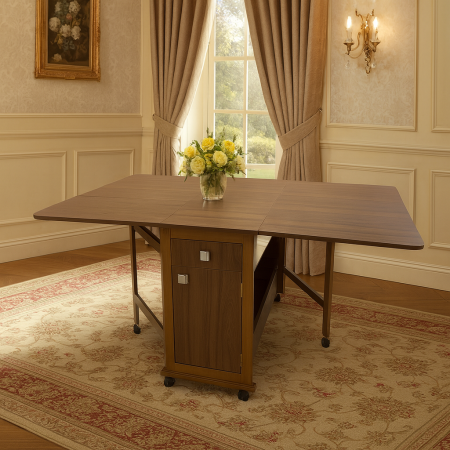 Mese pliante - Masa plianta cu spatiu depozitare, usa si sertar, Pal Melaminat, structura lemn masiv, cu role, 8 persoane, 160x96x80 cm, nuc