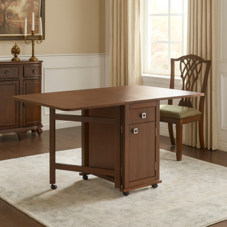 Mese pliante - Masa plianta cu spatiu depozitare, usa si sertar, Pal Melaminat, structura lemn masiv, cu role, 8 persoane, 160x96x80 cm, wenge