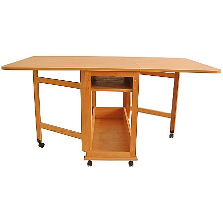 Mese bucatarie - Masa plianta cu spatiu depozitare Util, pentru living si bucatarie, PAL, structura lemn masiv, cu role, 6 persoane, 160x96x80 cm, nuc