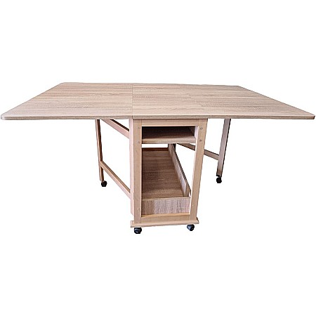 Masa plianta cu spatiu depozitare Util, pentru living si bucatarie, PAL, structura lemn masiv, cu role, 6 persoane, 160x96x80 cm, Stejar sonoma [0]