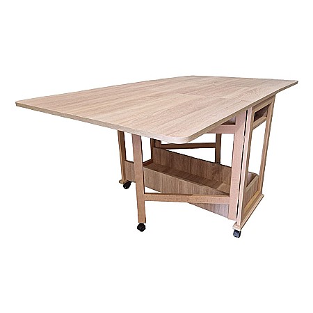Masa plianta cu spatiu depozitare Util, pentru living si bucatarie, PAL, structura lemn masiv, cu role, 6 persoane, 160x96x80 cm, Stejar sonoma [1]