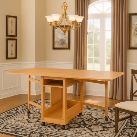 Produse - Masa plianta cu spatiu depozitare Util, pentru living si bucatarie, PAL, structura lemn masiv, cu role, 6 persoane, 160x96x80 cm, fag