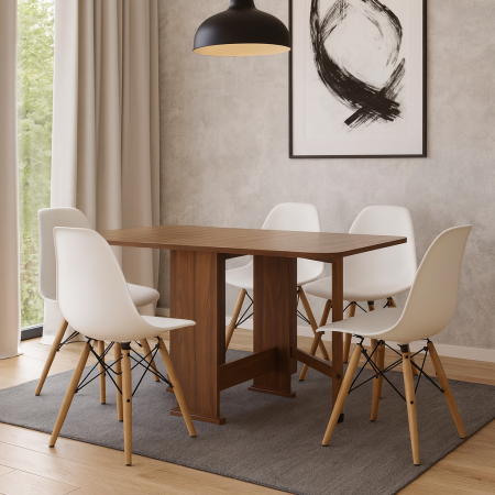 Mobila bucatarie - Masa plianta Practic, bucatarie si living, Pal Melaminat, insertii lemn masiv, 6 persoane, colturi rotunjite, 120x74x75 cm, nuc