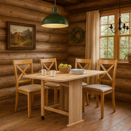 Mobila bucatarie - Masa plianta Practic, bucatarie si living, Pal Melaminat, insertii lemn masiv, 6 persoane, colturi rotunjite, 120x74x75 cm, stejar sonoma