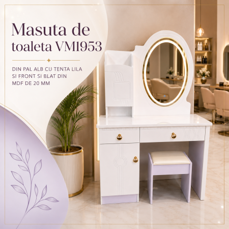 Masute de toaleta - Masuta de toaleta VM1953 cu oglinda LED ovala, 100 cm, alb/lila
