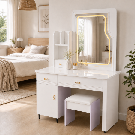 Masute de toaleta - Masuta de toaleta VMA162 cu oglinda LED dreptunghiulara, front MDF, 100 cm, alb/lila
