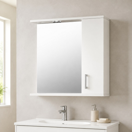 Oglinda baie cu dulap GN0001, dreptunghiulara, PAL Lucios, iluminare led, 2 rafturi, 50 cm, alb