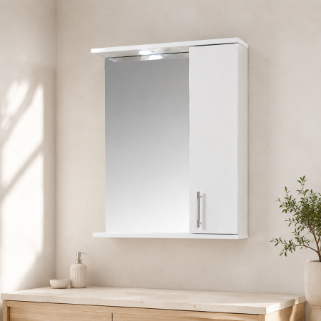 Oglinda baie cu dulap GN0201, dreptunghiulara, PAL, iluminare led, 2 rafturi, 55 cm, alb
