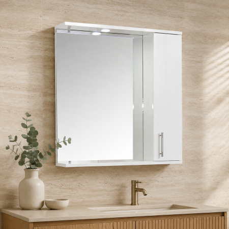 Oglinda baie cu dulap GN0201, dreptunghiulara, PAL Lucios, iluminare led, 2 rafturi, 70 cm, alb
