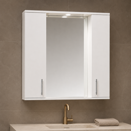 Oglinda baie cu dulap GN0201, dreptunghiulara, PAL Lucios, iluminare led, 4 rafturi, 80 cm, alb