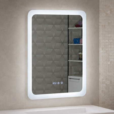 Oglinda baie GNMD21 cu iluminare LED, functie dezaburire, ceas si termometru, 60 cm, suspendata, alb