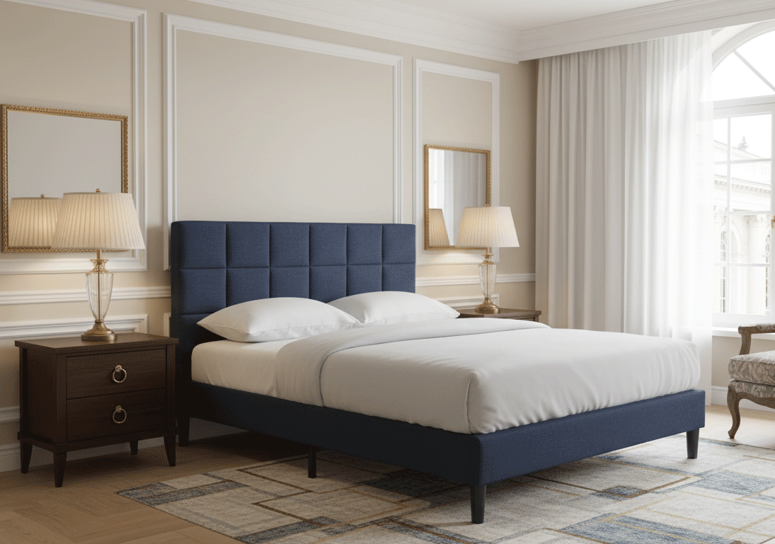 Mobilier - Pat dublu Galaxy, elemente lemn masiv, tapitat cu stofa, cu somiera,160x200 cm, albastru