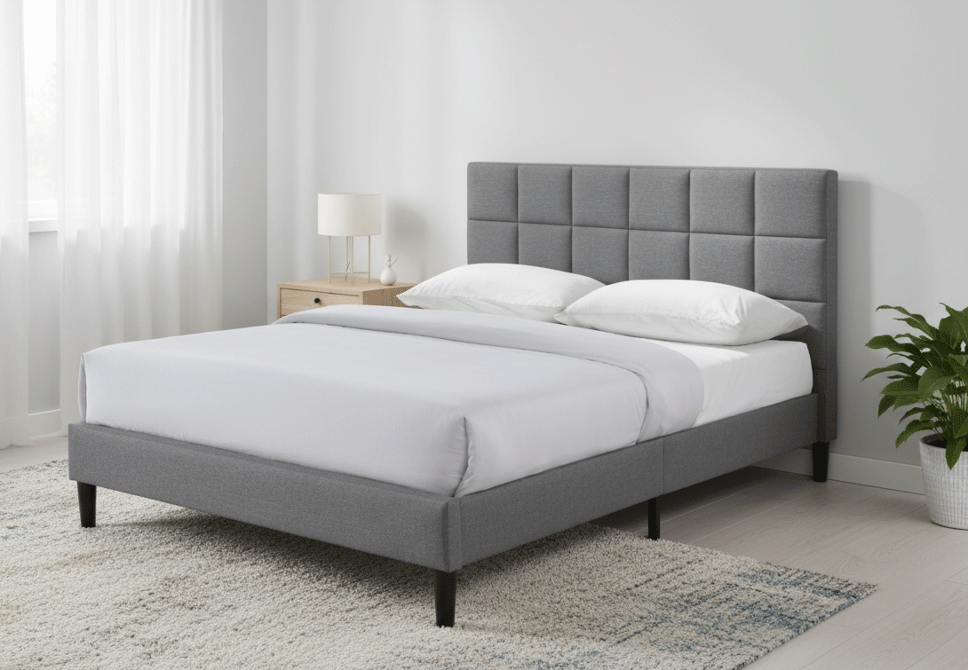 Pat dublu Galaxy, elemente lemn masiv, tapitat cu stofa, cu somiera,160x200 cm, gri [1]