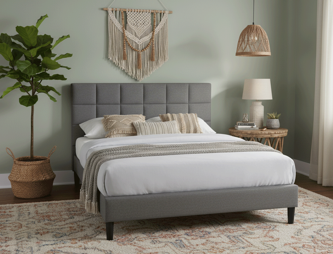 Mobilier - Pat dublu Galaxy, elemente lemn masiv, tapitat cu stofa, cu somiera,160x200 cm, gri