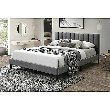 Produse - Pat dublu KL Amalia, tapitat cu catifea, somiera inclusa, structura lemn masiv, 140x200 cm, gri