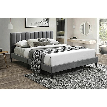 Pat dublu KL Amalia, tapitat cu catifea, somiera inclusa, structura lemn masiv, 160x200 cm, gri [2]