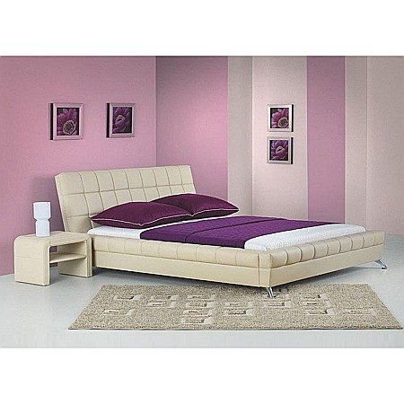 Produse - Pat HM Bonita, dublu, tapitat cu piele ecologica, lemn masiv, cu somiera, 160x200, bej