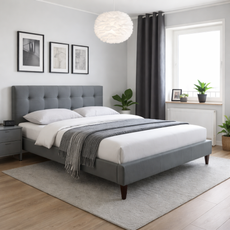 Paturi - Pat HM Samara 2, matrimonial, cu somiera, cadru lemn masiv, tapiterie stofa, 160x200, gri