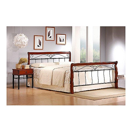 Paturi - Pat HM Veronica, cadru metalic, lemn masiv, cu tablie cap/picioare, cu somiera, 160x200, negru/cires